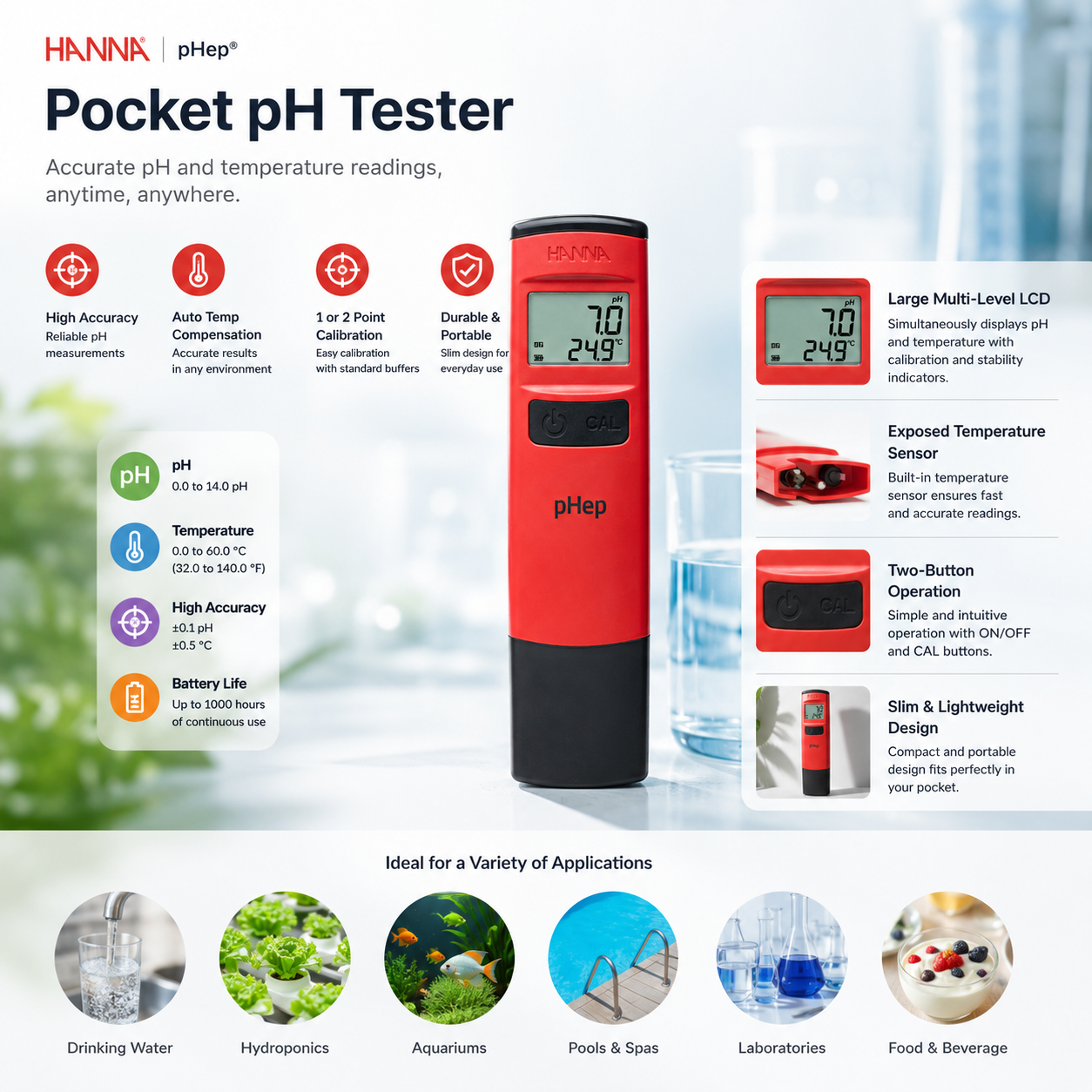 Hanna HI98107 pHep Waterproof Pocket pH Tester